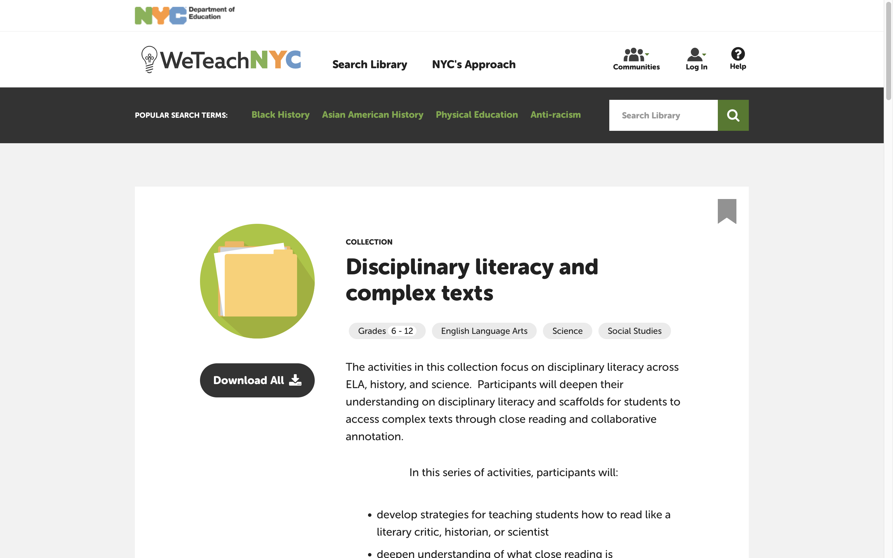 Screenshot of WeTeachNYC website with a white background, black text, and an image of a folder.e